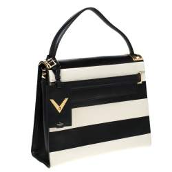 Pre Owned Valentino Black/White Striped Leather My Rockstud Top Handle Bag