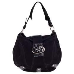 Pre Owned Valentino Black Suede and Python Leather Crystal Catch Hobo