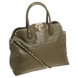 Pre Owned Valentino Khaki Green Leather Rockstud Satchel