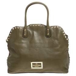 Pre Owned Valentino Khaki Green Leather Rockstud Satchel