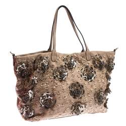 Pre Owned Valentino Beige Leather Sequin Beaded Applique Tote
