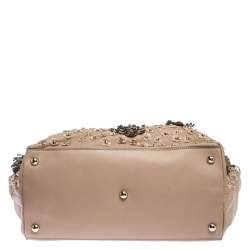 Pre Owned Valentino Beige Leather Sequin Beaded Applique Tote