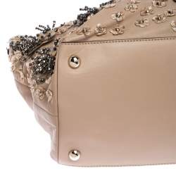 Pre Owned Valentino Beige Leather Sequin Beaded Applique Tote