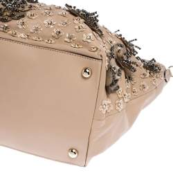 Pre Owned Valentino Beige Leather Sequin Beaded Applique Tote