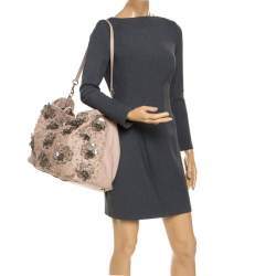 Pre Owned Valentino Beige Leather Sequin Beaded Applique Tote