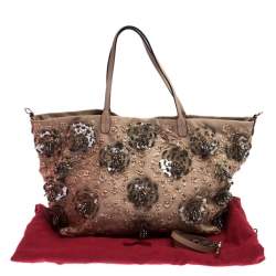 Pre Owned Valentino Beige Leather Sequin Beaded Applique Tote