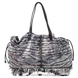 Pre Owned Valentino Silver/Olive Green Sequins Embellished Fabric and Leather Tote