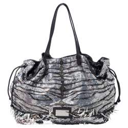 Pre Owned Valentino Silver/Olive Green Sequins Embellished Fabric and Leather Tote