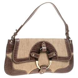 Pre Owned Valentino Beige/Grey Fabric and Crocodile Embossed Leather Flap Bag