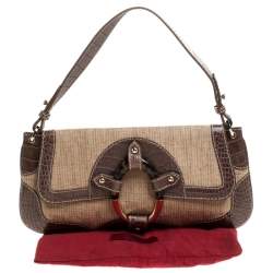 Pre Owned Valentino Beige/Grey Fabric and Crocodile Embossed Leather Flap Bag