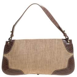 Pre Owned Valentino Beige/Grey Fabric and Crocodile Embossed Leather Flap Bag