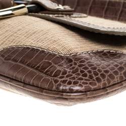 Pre Owned Valentino Beige/Grey Fabric and Crocodile Embossed Leather Flap Bag