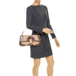 Pre Owned Valentino Beige/Grey Fabric and Crocodile Embossed Leather Flap Bag