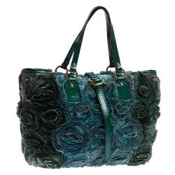 Pre Owned Valentino Green Silk and Patent Leather Organza Rosier Tote