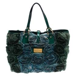Pre Owned Valentino Green Silk and Patent Leather Organza Rosier Tote