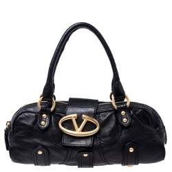 Pre Owned Valentino Black Leather Crystal Catch Satchel