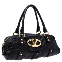 Pre Owned Valentino Black Leather Crystal Catch Satchel
