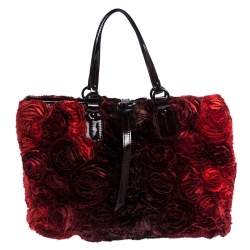 Pre Owned Valentino Red Floral Applique Satin and Patent Leather Shopper Tote