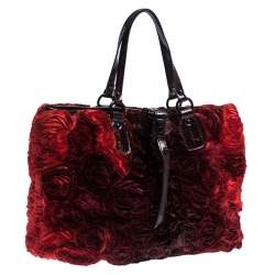 Pre Owned Valentino Red Floral Applique Satin and Patent Leather Shopper Tote