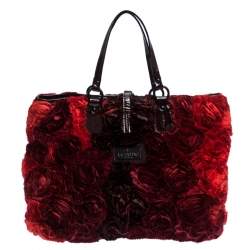 Pre Owned Valentino Red Floral Applique Satin and Patent Leather Shopper Tote