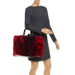 Pre Owned Valentino Red Floral Applique Satin and Patent Leather Shopper Tote