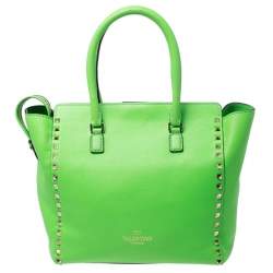 Pre Owned Valentino Neon Green Leather Rockstud Trapeze Tote