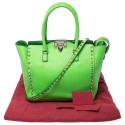 Pre Owned Valentino Neon Green Leather Rockstud Trapeze Tote