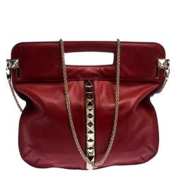 Pre Owned Valentino Red Leather Rockstud Chain Hobo