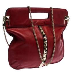 Pre Owned Valentino Red Leather Rockstud Chain Hobo