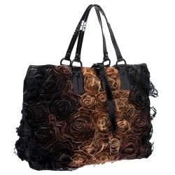 Pre Owned Valentino Beige/Black Silk and Patent Leather Organza Rosier Tote