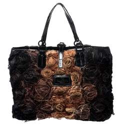 Pre Owned Valentino Beige/Black Silk and Patent Leather Organza Rosier Tote