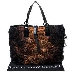 Pre Owned Valentino Beige/Black Silk and Patent Leather Organza Rosier Tote