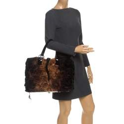 Pre Owned Valentino Beige/Black Silk and Patent Leather Organza Rosier Tote