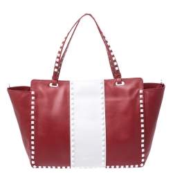 Pre Owned Valentino Red/White Leather Rockstud Tote