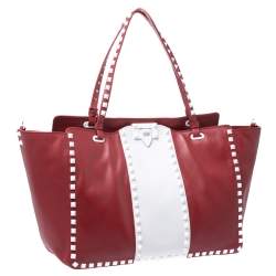 Pre Owned Valentino Red/White Leather Rockstud Tote