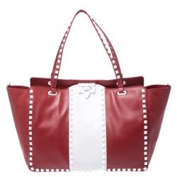 Pre Owned Valentino Red/White Leather Rockstud Tote