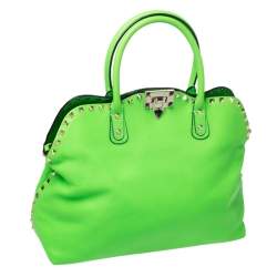 Pre Owned Valentino Neon Green Leather Rockstud Tote