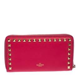 Pre Owned Valentino Hot Pink Leather Rockstud Zip Around Wallet