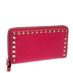 Pre Owned Valentino Hot Pink Leather Rockstud Zip Around Wallet