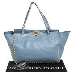 Pre Owned Valentino Blueish Grey Leather Medium Rockstud Tote