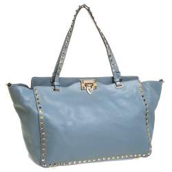 Pre Owned Valentino Blueish Grey Leather Medium Rockstud Tote