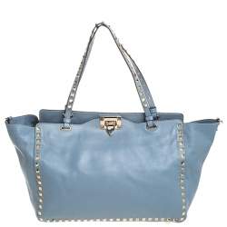 Pre Owned Valentino Blueish Grey Leather Medium Rockstud Tote