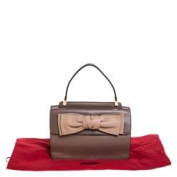 Pre Owned Valentino Dark Beige Leather Bow Top Handle Bag