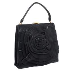 Pre Owned Valentino Black Leather Rose Kisslock Frame Top Handle Bag