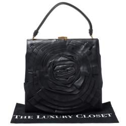 Pre Owned Valentino Black Leather Rose Kisslock Frame Top Handle Bag