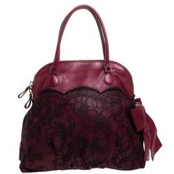 Pre Owned Valentino Red Lace Effect and Leather Bow Dome Satchel