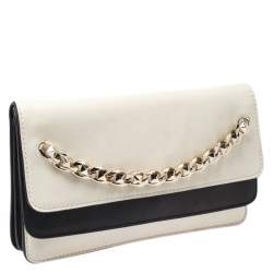 Pre Owned Valentino White/Black Leather Chain Double Flap Clutch