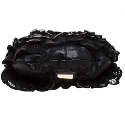 Pre Owned Valentino Black Leather Mesh Ruffle Hobo