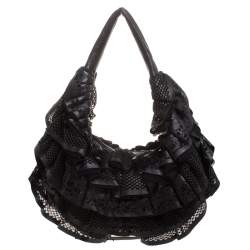 Pre Owned Valentino Black Leather Mesh Ruffle Hobo