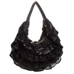 Pre Owned Valentino Black Leather Mesh Ruffle Hobo